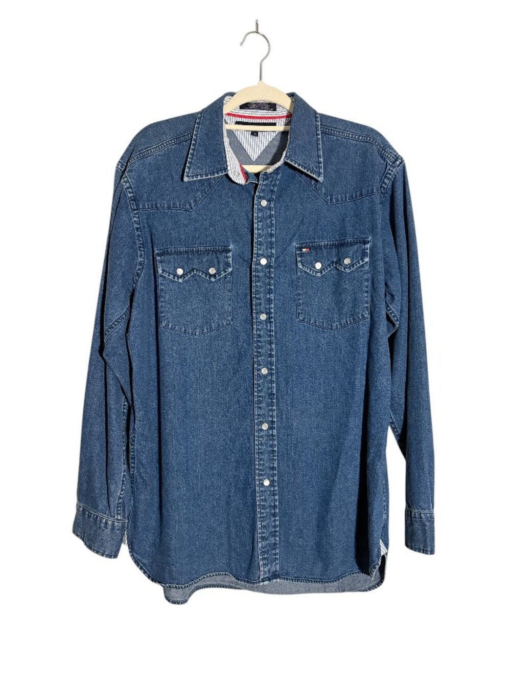 Vintage 90s Tommy Hilfiger Dark Chambray Shirt Pearl Snaps Men's M / Women's XL